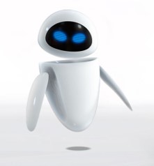 A hovering white smooth robot unit with curved flipper-like arms and a head with a black screen lit with two blue eyes