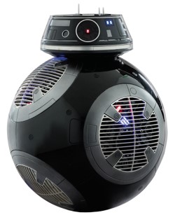 A black and silver sphere robot with a head unit that remains on top as it rolls across the terrain
