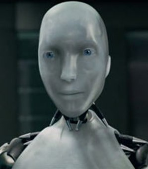 A humanoid robot with translucent white 'skin'/casing and blue eyes