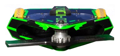 A black robot with neon green decals, two large yellow wheels that allow it to run either way up and a spinning blade on the front.