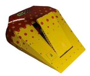 A red and yellow wedge-shaped robot with a self-righting flipper.