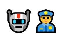 Emoji robot wedi'i ddilyn gan emoji plismon