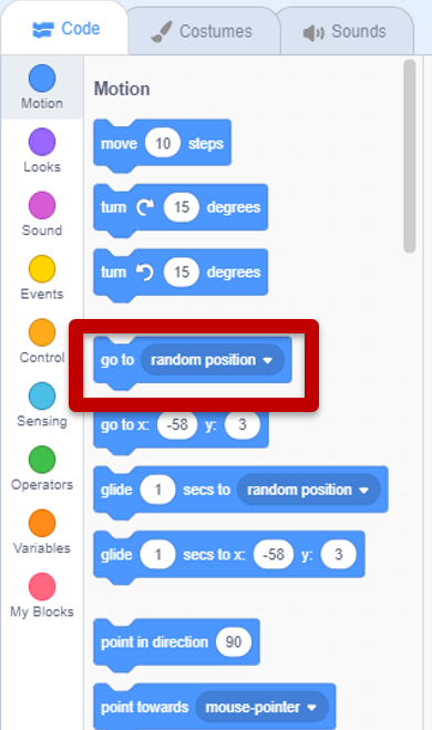 The location of the 'go to random position' block in the Motion section of the Block Menu.