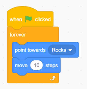 This script starts with the 'when green flag clicked' then connects to a 'forever' block containing a 'point towards Rocks' block and a 'move 10 steps' block (in that order).