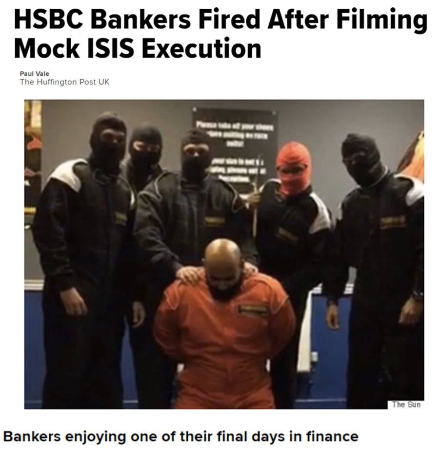 Pennawd Newyddion: HSBC Bankers Fired After Filming Mock ISIS Execution
