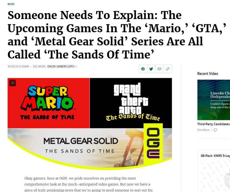 Erthygl o dudalen newyddion ddychanol yn honni bod yr un teitl gan y gemau Mario, Metal Gear Solid a Grand Theft Auto nesaf; The Sands of Time