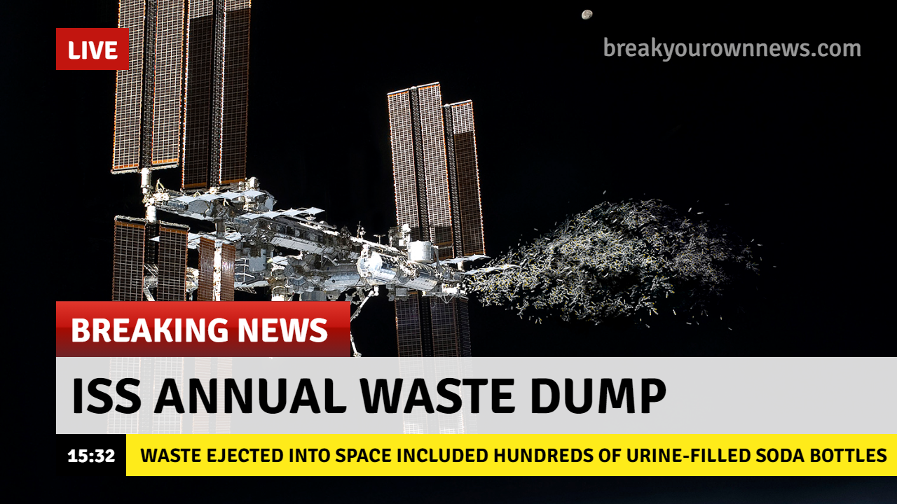 A News story about the annual ISS waste dump into space including hundreds of urine-filled soda bottles