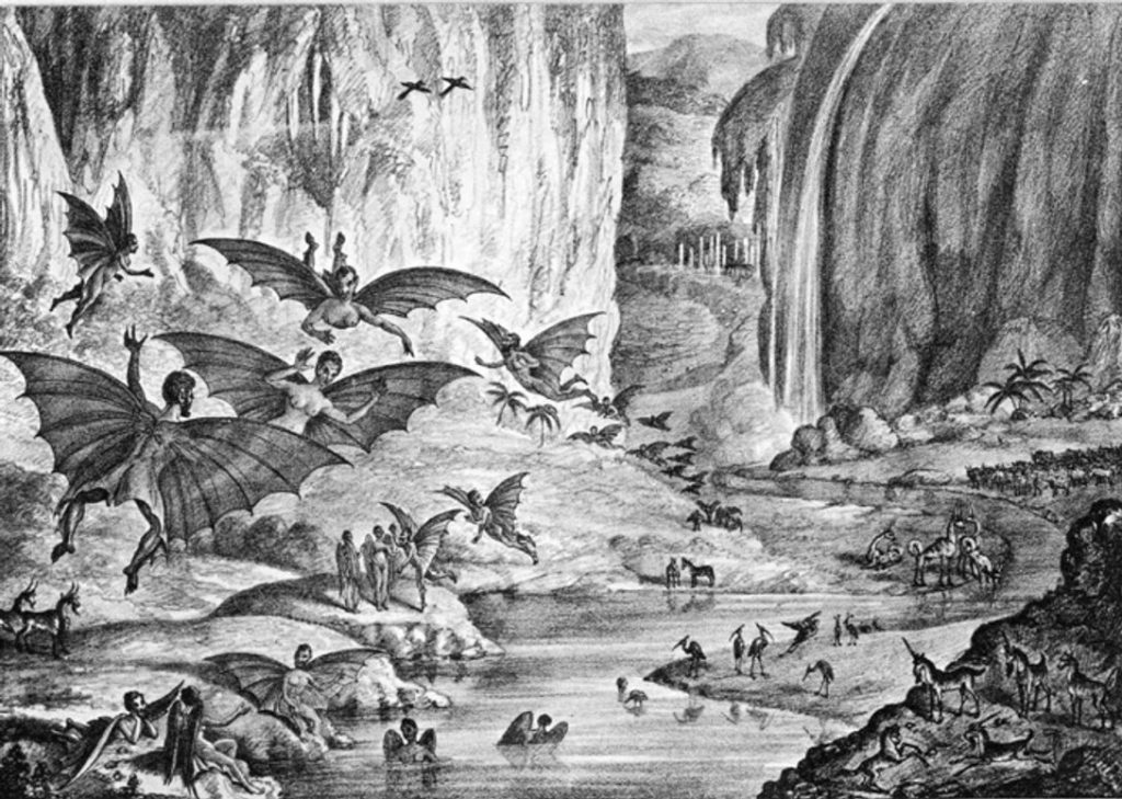 A image of flying people, unicorns, birds and other fantastical beasts within a river valley on the moon
