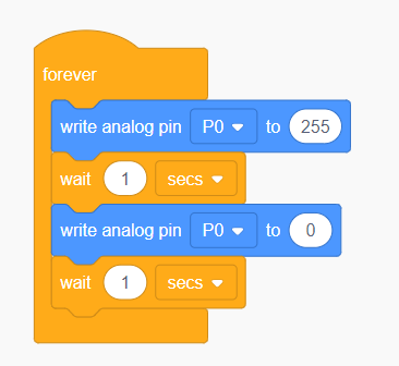 The program reads: Forever {'write analog pin P0 to 255', 'wait 1 secs', 'write analog pin P0 to 0', 'wait 1 secs'}