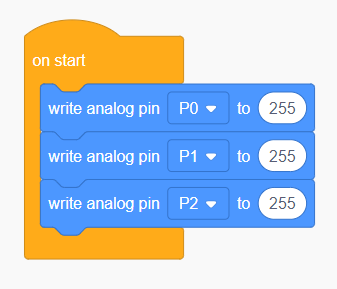 The on start loop with three 'write analog to 255' blocks, one for each pin (0, 1, and 2).