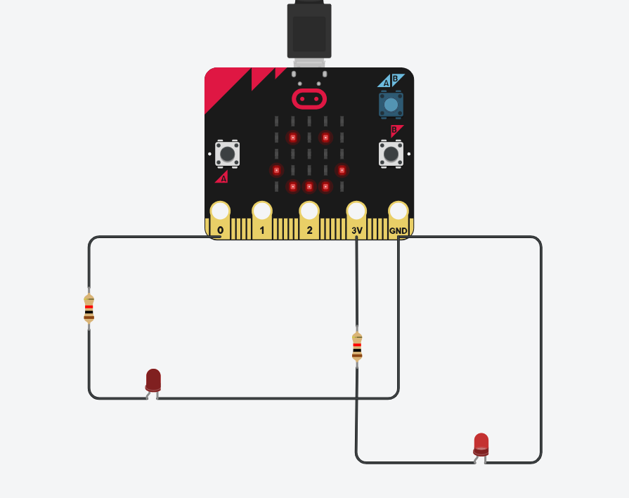 A Tinkercad circuit with two sets containing an LED and 1kΩ resistor each. One set is connected to the GND and 3V pins of the Micro:Bit. The other to the GND and 0 pins.