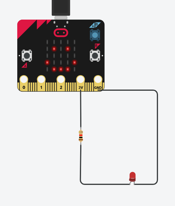 A Tinkercad circuit with an LED and a 1 kΩ resistor connected to the 3V pin and GND pin on the Micro:Bit
