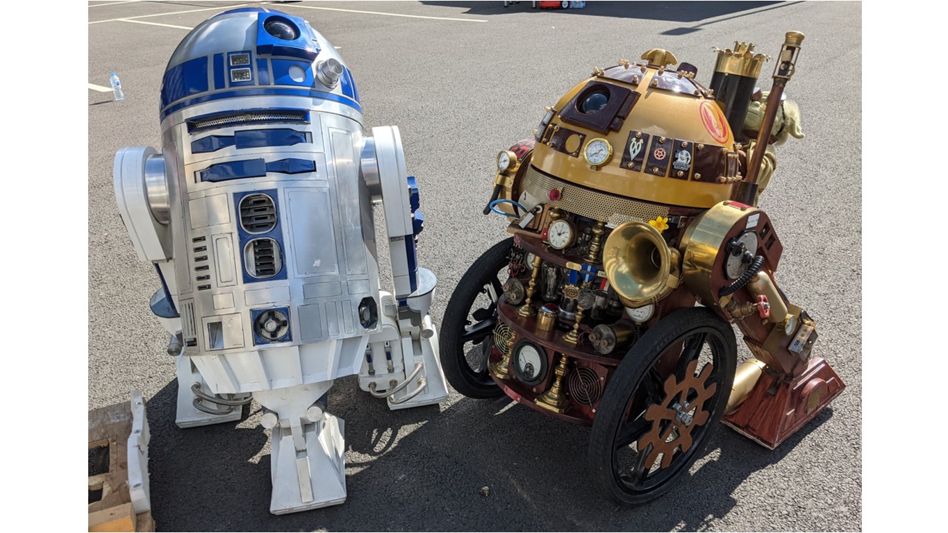 R2D2 and his Steampunk partner. Built by Stephen Fearn