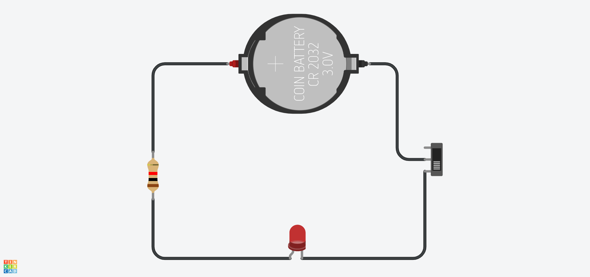 A Tinkercad series circuit containing a 3V battery, a 1kΩ, a LED and a closed switch.