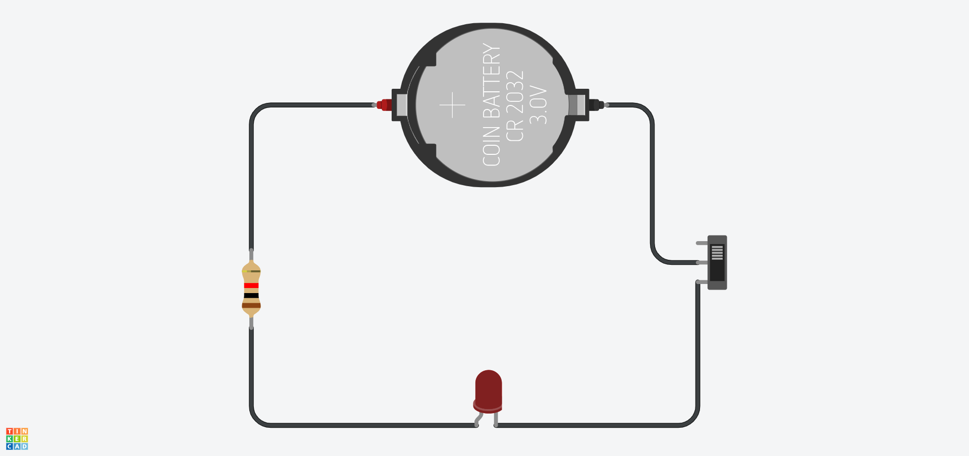 A Tinkercad series circuit containing a 3V battery, a 1kΩ, a LED and an open switch.