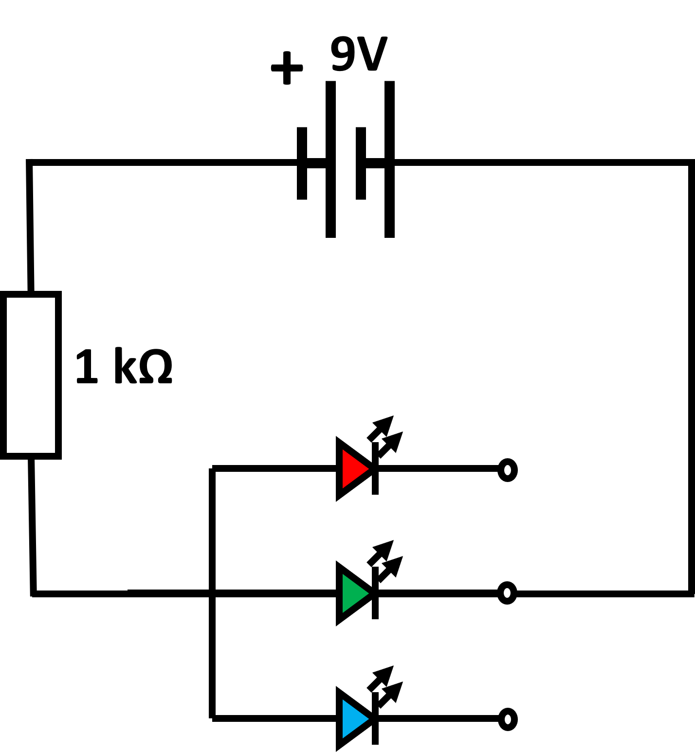 A circuit diagram showing a series circuit with a 9V battery, a 1kΩ resistor and a RGB LED wired to the cathode and the green terminal.