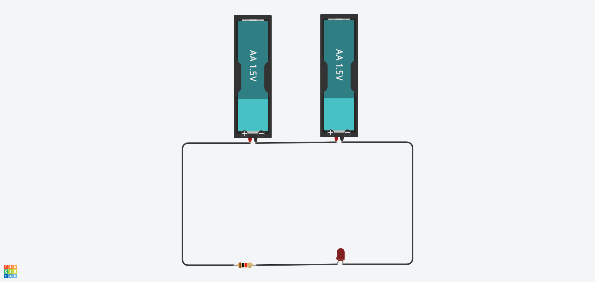 A Tinkercad circuit containing two 1.5V batteries, a 1kΩ resistor, and a LED light.