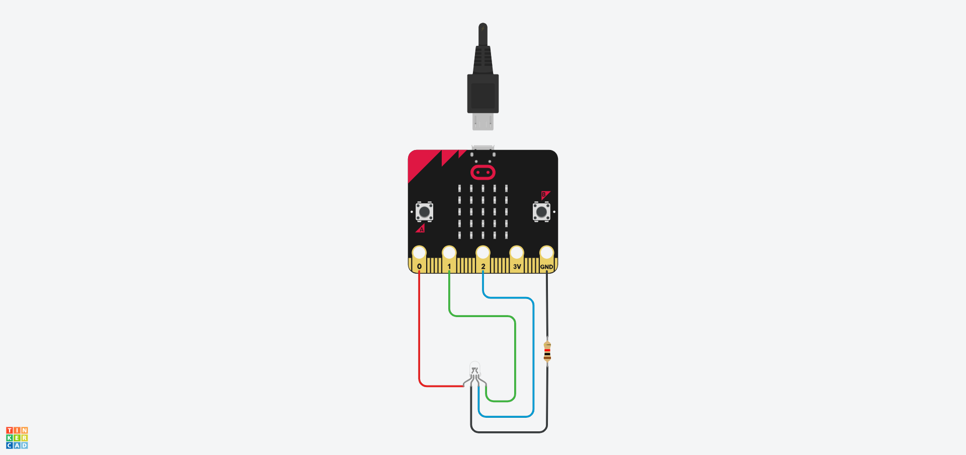 A Tinkercad circuit with a Micro:Bit, RGB LED, and a resistor. The red pin on the LED is connected to pin 0 on the Micro:Bit. The green to pin 1 and the blue to pin 2. The LED's cathode is connected to a resistor which then connects to the Micro:Bit's GND pin.