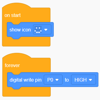 The 'forever' loop contains a 'digital write pin P0 to HIGH' block.