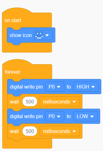The 'forever' loop contains a 'digital write pin P0 to HIGH' block followed by a 'wait 500 milliseconds', 'digital write pin P0 to LOW', and a nother 'wait 500 milliseconds' block.