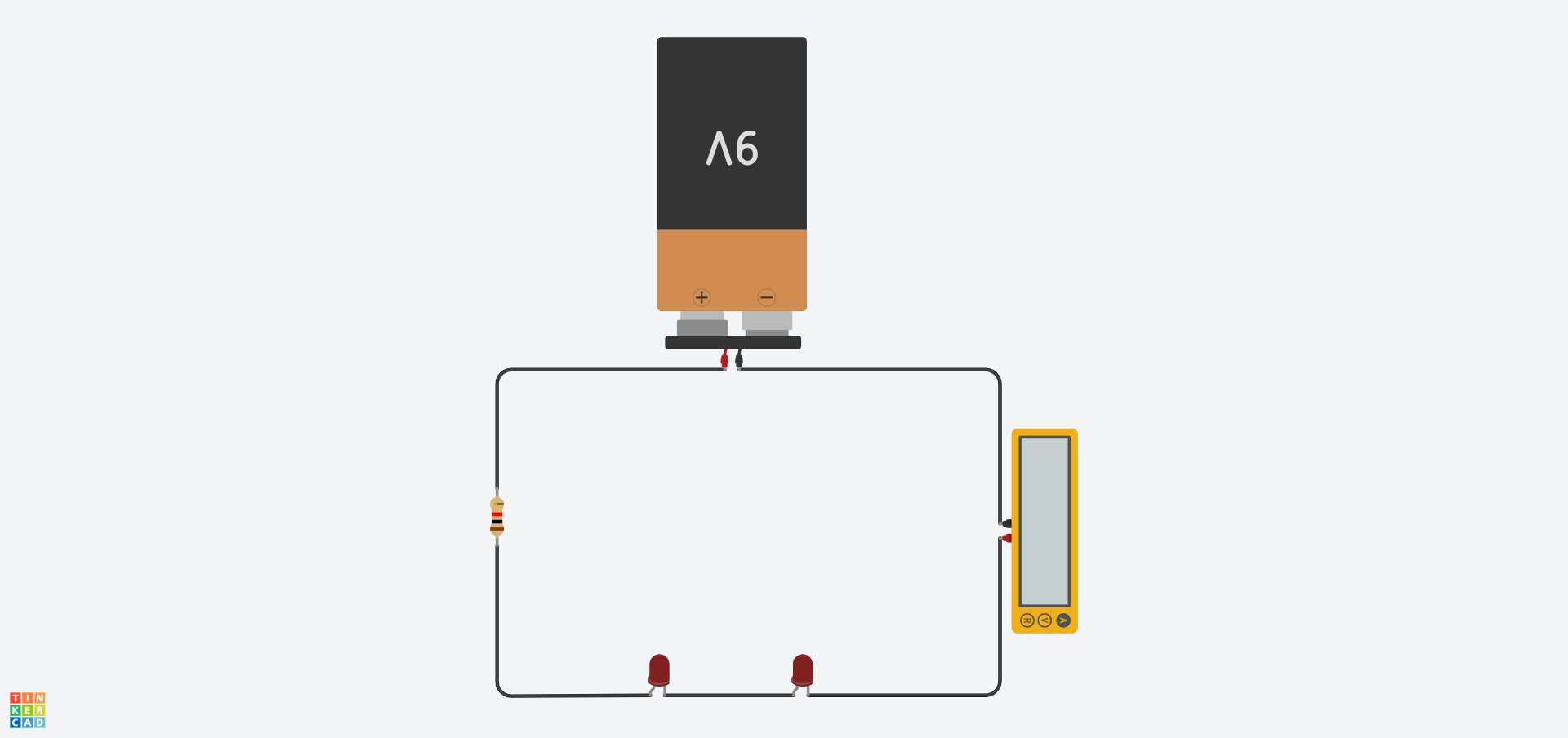 A Tinkercad circuit containing a 9V batteries, a 1kΩ resistor, two LEDs and an Ammeter in a single loop (series circuit).