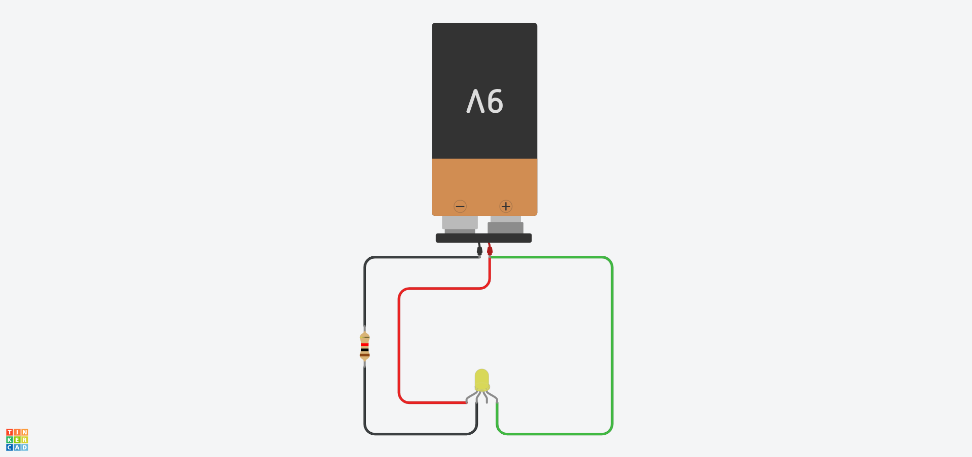 A Tinkercad circuit showing a circuit with a 9V battery, a 1kΩ resistor and a RGB LED with the cathode connected to the negative terminal of the battery via a resistor, whilst both the red and green terminals are connected to the positive terminal of the battery.