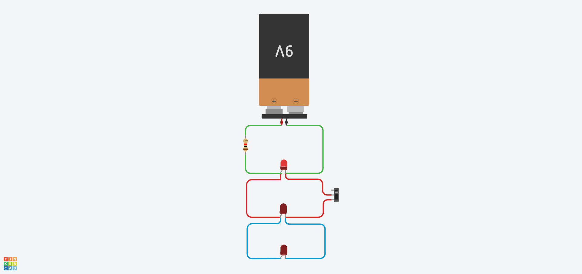Tinkercad circuit with 3 leds in parallel connected to a resistor and 9V battery. The slide-switch is positioned after the first LED to control the other two.