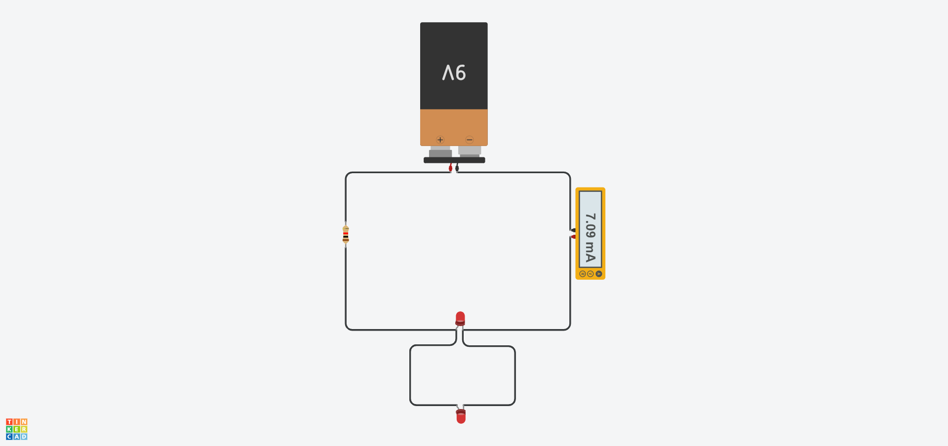 A Tinkercad circuit containing a 9V battery, a resistor (1kΩ), an Ammeter and a LED in series, with a second LED connected in parallel to the first.