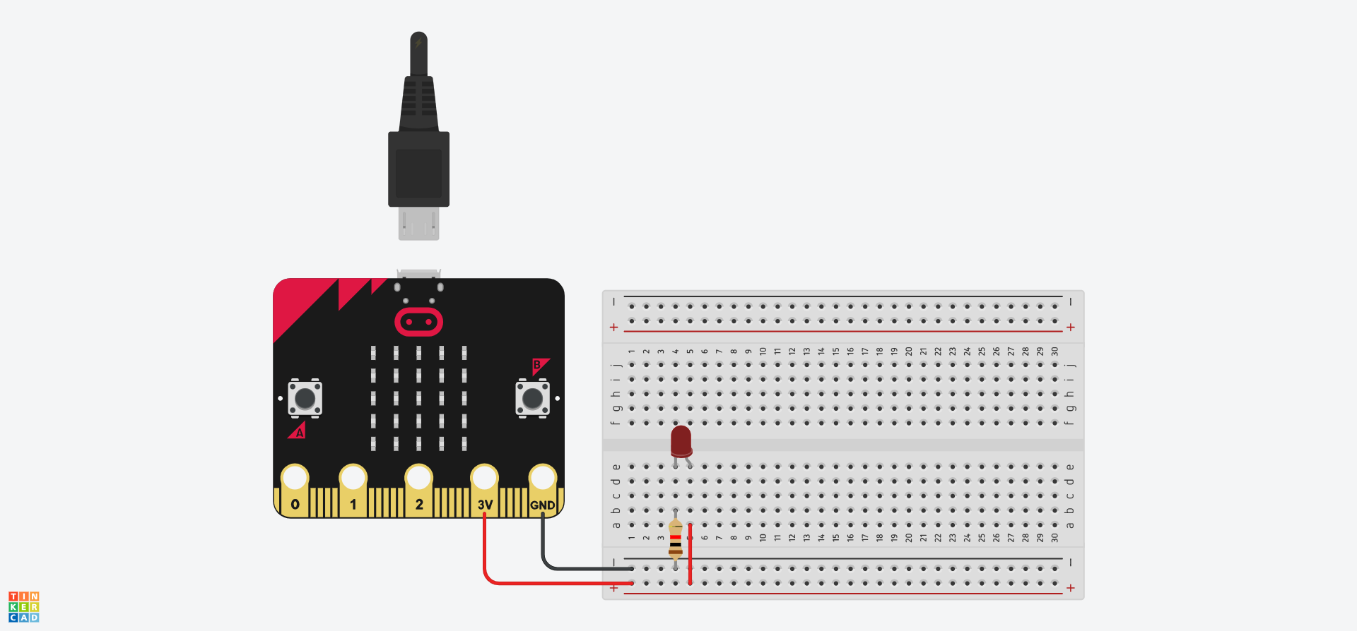 A Tinkercad circuit of a BBC:Microbit connected to a a breadboard (3V pin to the positive row, GND pin to the negative row). The negative rail is then connected to hole b4 with a resistor, the positive to A5 with a wire and an LED inserted into holes e4 and e5.