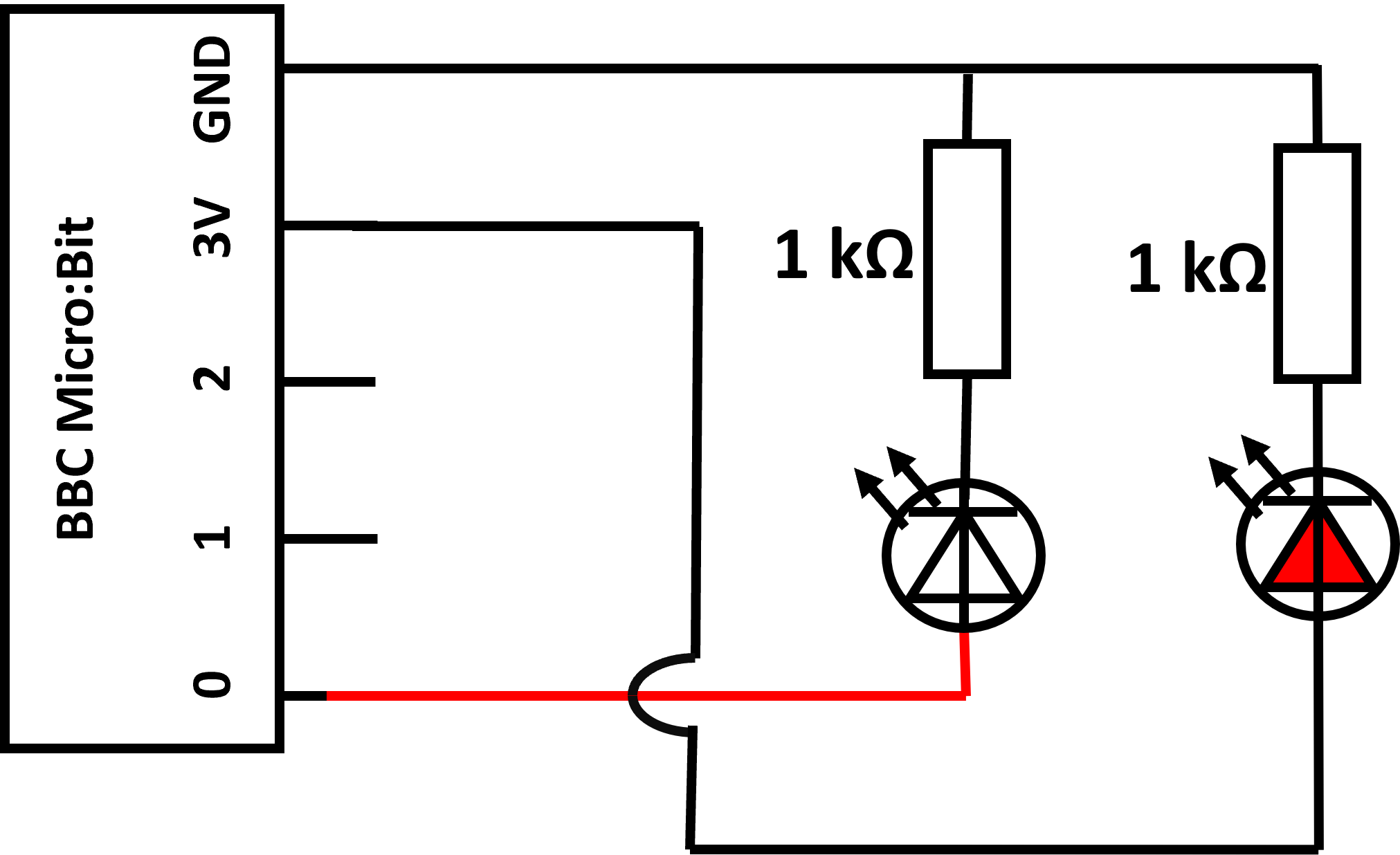 A new circuit loop has been added to the diagram showing how pin 0 connects to a white LED and a resistor before connecting back to the GND pin.