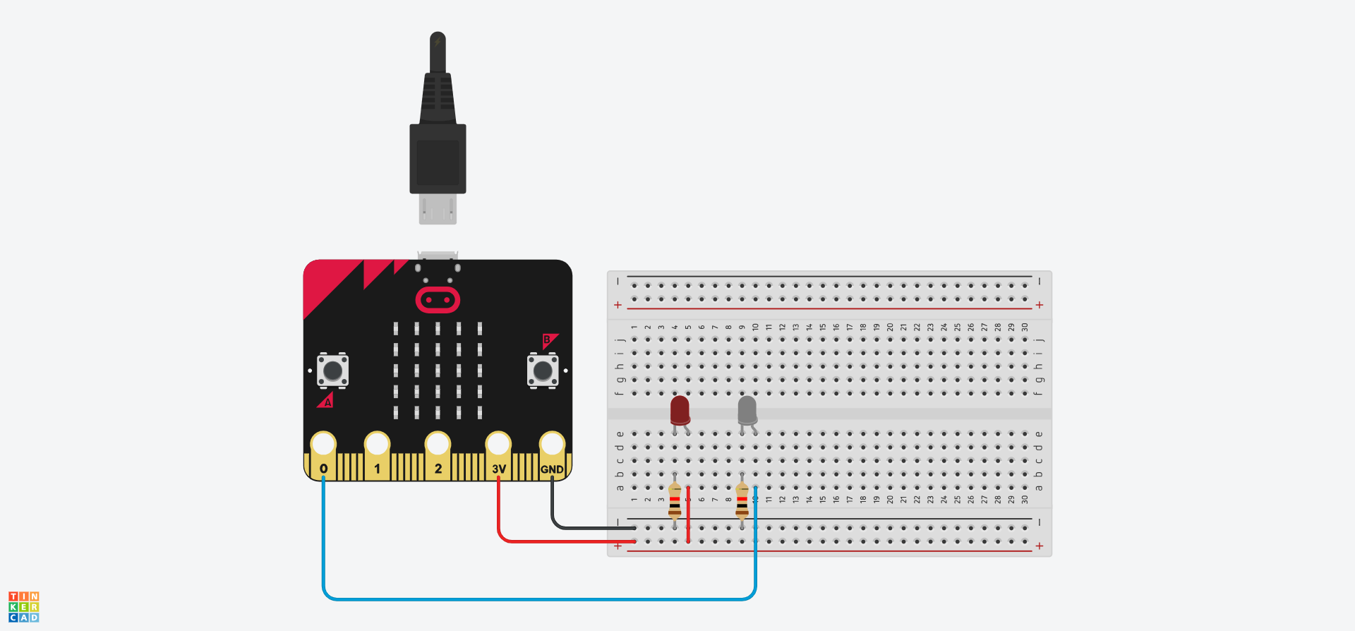The Tinkercad circuit now shows a white LEd inserted into the breadboard holes e9 and e10. A wire connects pin 0 of the Micro:Bit to hole a10. A resistor bridges between the negative rail and hole b9.