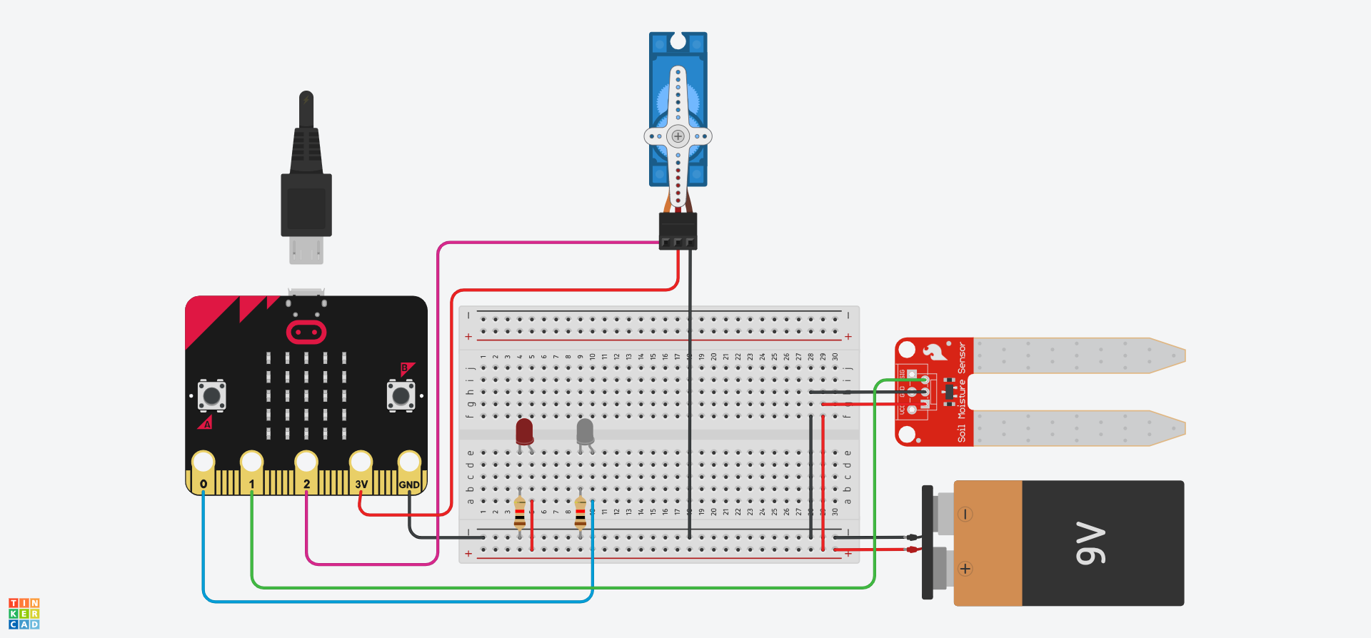 The Tinkercad circuit now includes a servo off the breadboard. it's control terminal is wired directly to pin 2, the positive terminal is wired directly to the 3V pin and the negative terminal is wired to the negative rail of the breadboard.