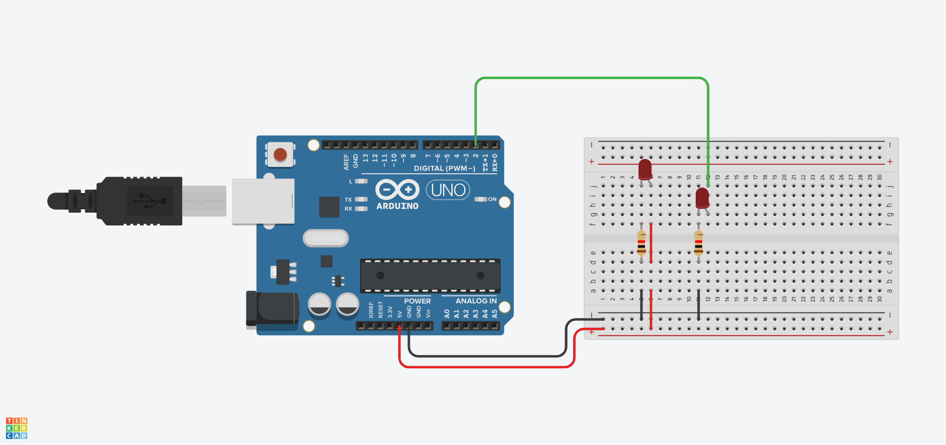 The Tinkercad version of this circuit using a breadboard.