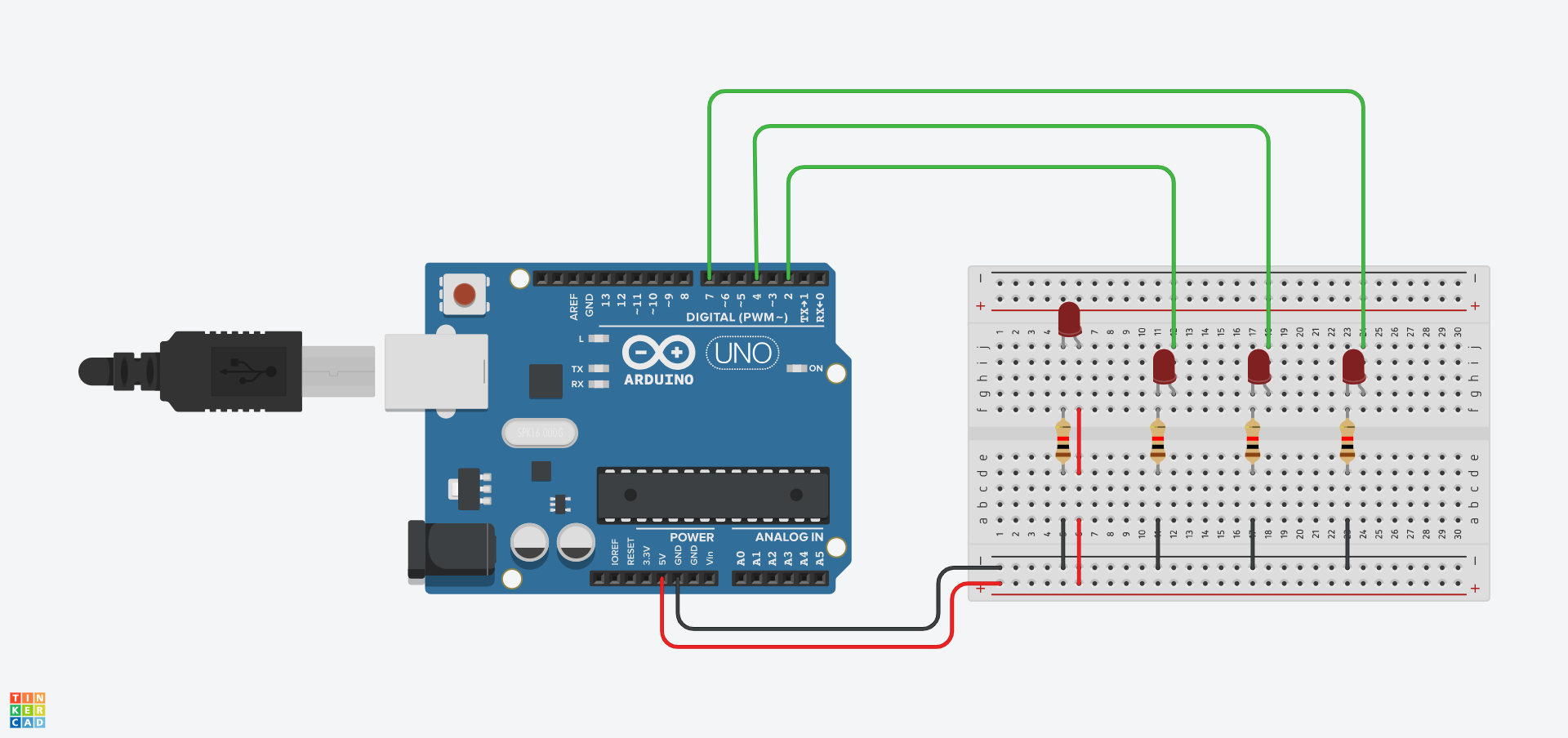 The Tinkercad version of the above circuit using a breadboard.