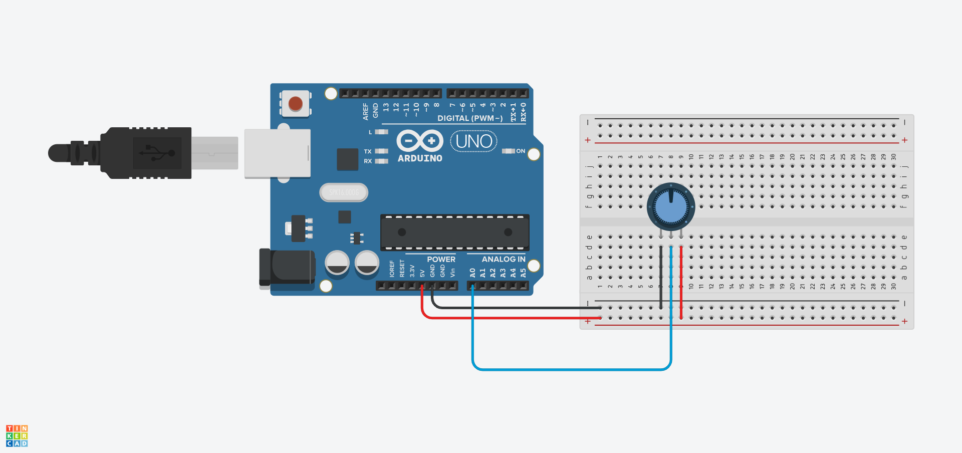A Tinkercad circuit with an Arduino providing 5V to the positive rail of the breadboard whilst connecting the negative rail to one of the GND pins. A potentiometer is inserted into holes e7, e8, and e9 of the board. d7 is connected to the negative rail, d8 to pin A0 on the Arduino, d9 to the positive rail of the breadboard.