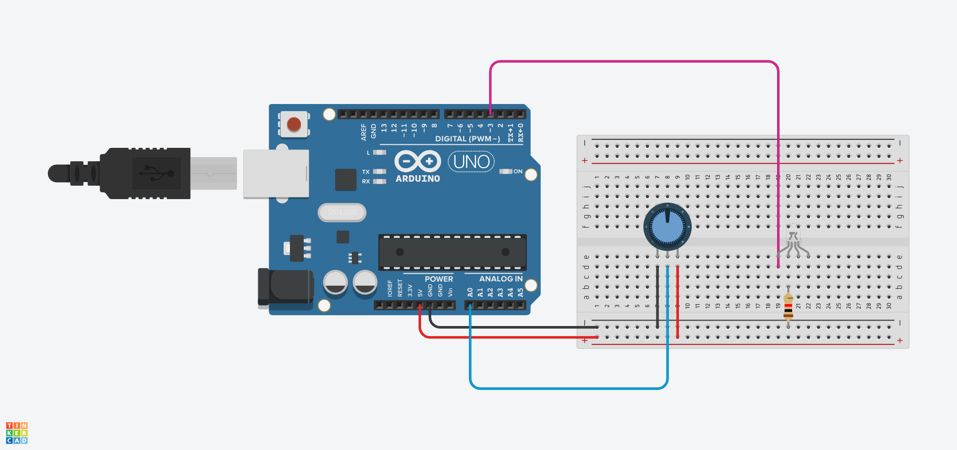 An RGB LED has been added to the Tinkercad circuit, inserted into holes e19, e20, e21, and e22. Hole d19 is connected to the Arduino pin 3. A resistor connects b20 to the negative rail of the breadboard.