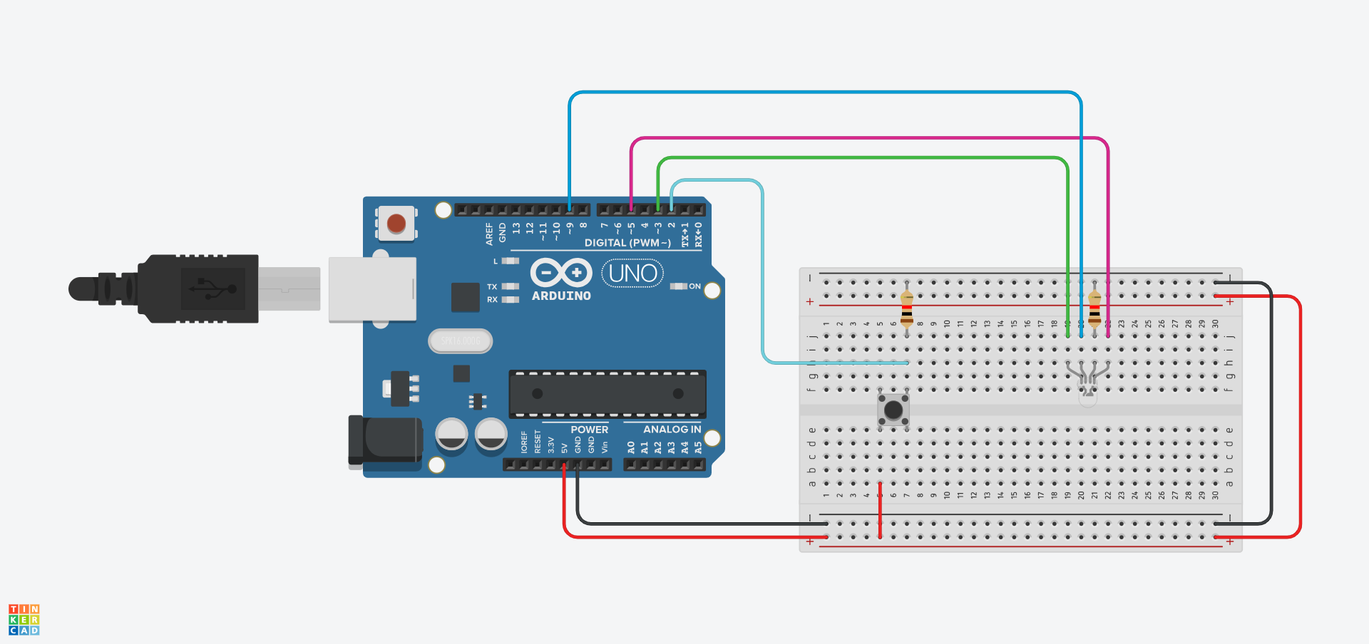 The 5V and GND pins of the Arduino are connected to the bottom rails of a breadboard. There are wires connecting the bottom rails to the top rails. The button is inserted into the breadboard at f5, f7, e5, and e7. The RGB LED is inserted (upside down) at h19, h20, h21 and h22. One resistor connects j7 to the top negative rail, whilst the other connects j21 to the same rail. Wires connect: a5 to bottom positive rail, h7 to pin 2, j19 to pin 3, j20 to pin 9, and j22 to pin 5.