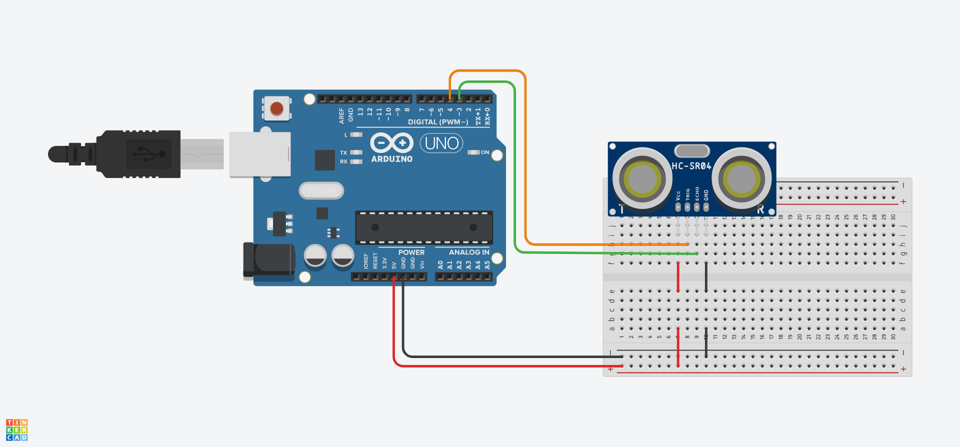 A Tinkercad circuit of the above diagram with the addition on a breadboard with the ultrasonic sensor inserted.