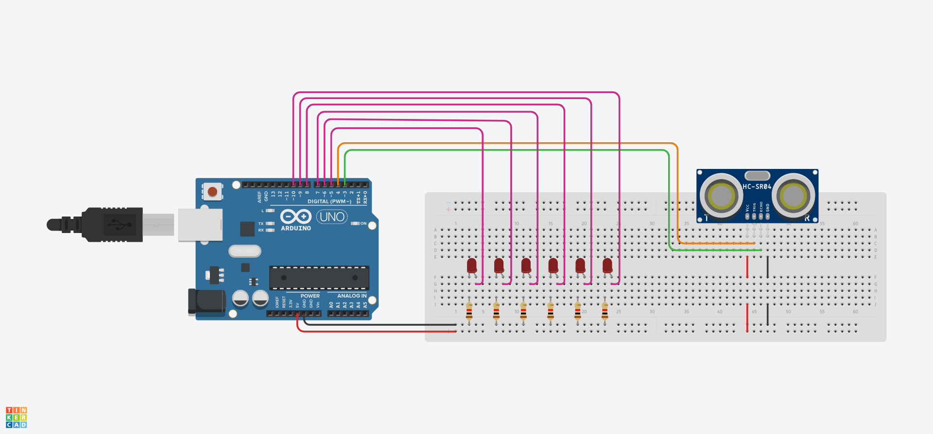 A Tinkercad circuit showing a breadboard with its bottom rails powered by an Arduino. There are 6 red LEDs inserted into the breadboard, each with their own resistor bridging to the negative rail. The LEDS are also connected to different pins on the Arduino (5, 6, 7, 8, 9, and 10). An ultrasonic sensor is also inserted to the breadboard. the Power pin connected to the positive rail, the trigger connected to pin 4, the echo to pin 3, and the ground to the negative rail.