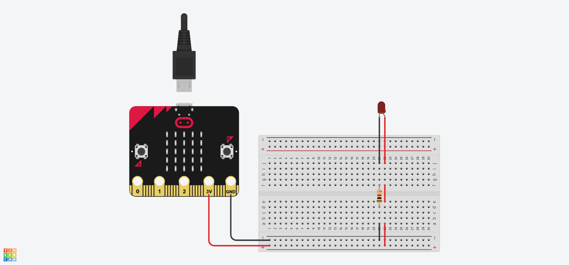A Tinkercad circuit showing a Micro:Bit connected to a breadboard to provide power. This time the red LED is not inserted into the breadboard but above it. Wires connect the negative rail to a21, j21 to the LED, j22 to the LED, f22 to e22, and a22 to the positive rail. There is then a resisotr inserted in holes d21 and f21.