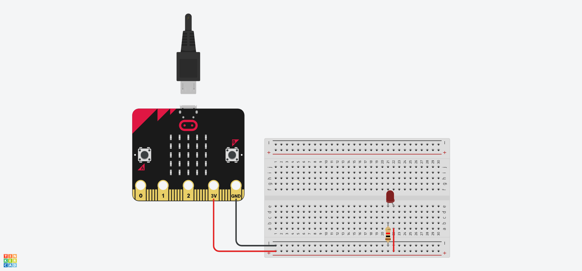 A Tinkercad circuit showing a Micro:Bit connected to a breadboard to provide power. A red LED is inserted into e21 and e22 with a resistor connecting the negative rail to b21 and a wire connecting the positive rail to a22.