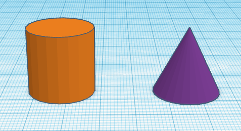 The Tinkercad Workplane with an orange cylinder and a purple cone next to each other.