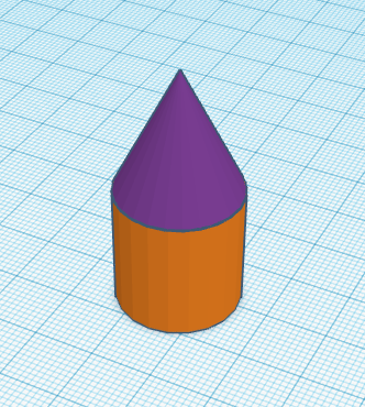 The Tinkercad Workplane showing a cone positioned centrally on top of a cylinder.