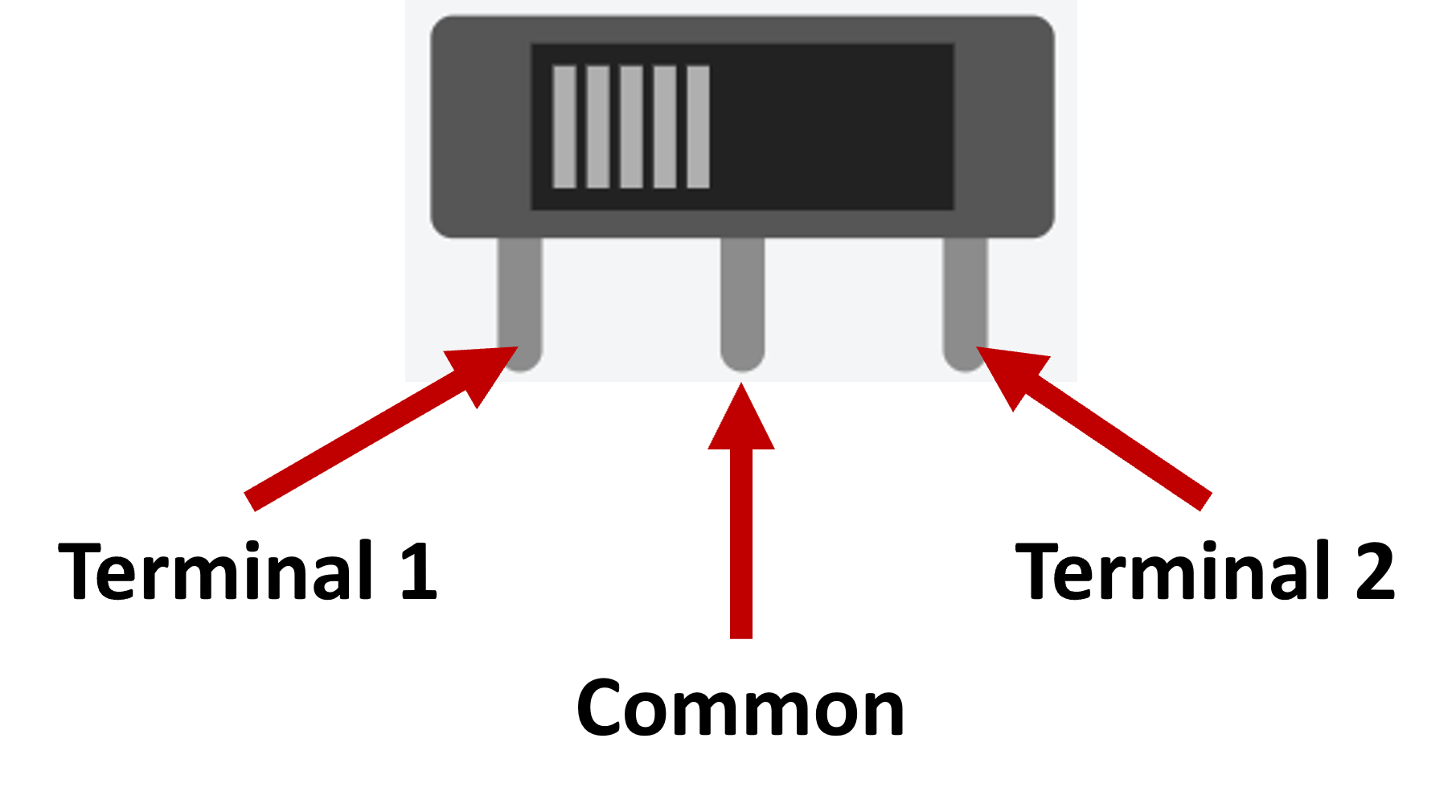 The slide switch available on Tinkercad with the three pins labeled left to right; Terminal 1, Common, Terminal 2.