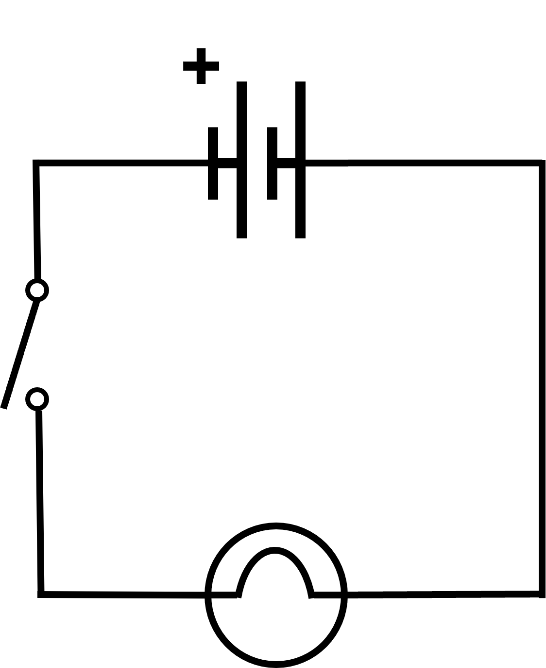 A circuit diagram of a battery connected to a filament lightbulb with an open switch