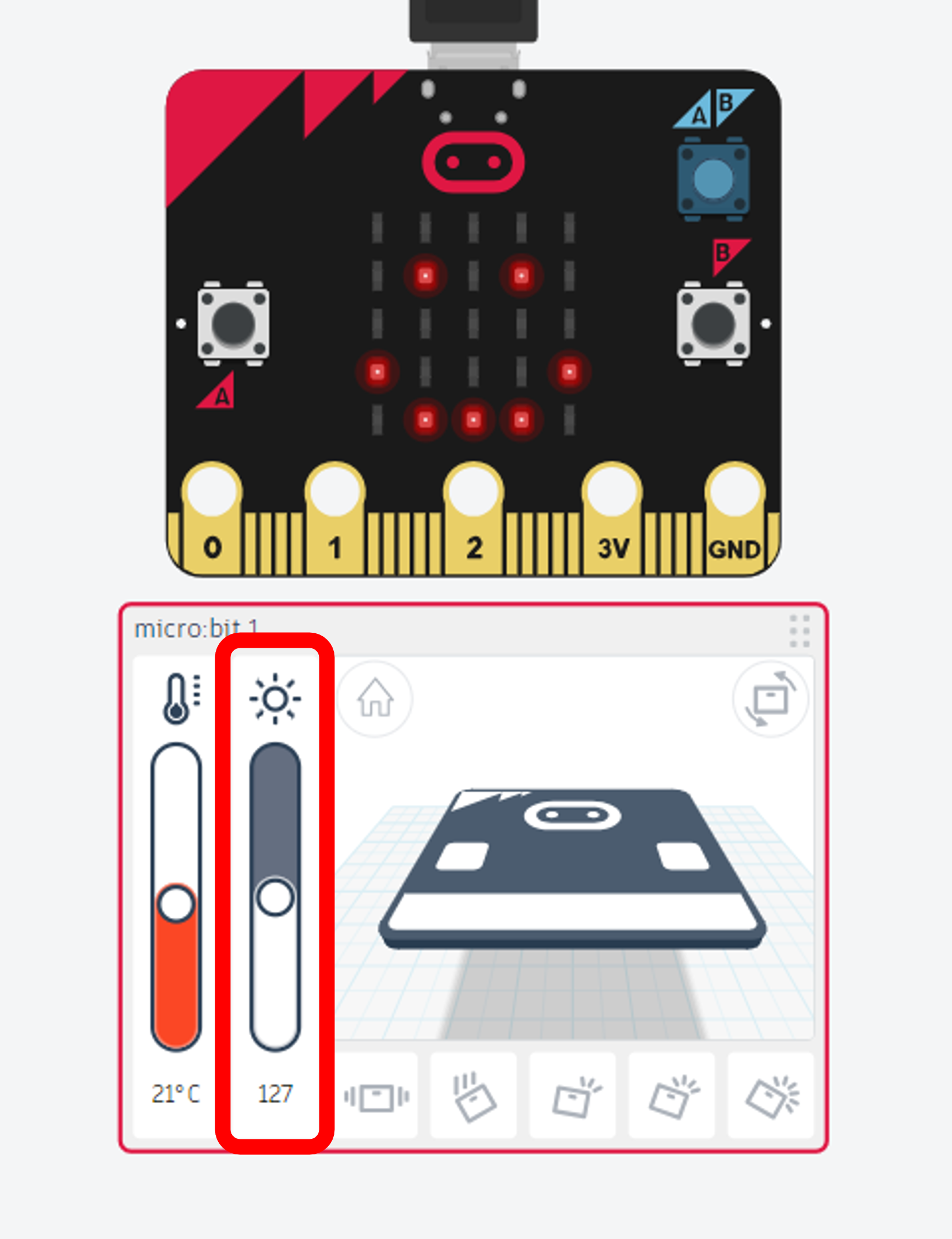 A screenshot of the Micro:Bit sensor panel within the Tinkercad simulator with the light level slider highlighted.