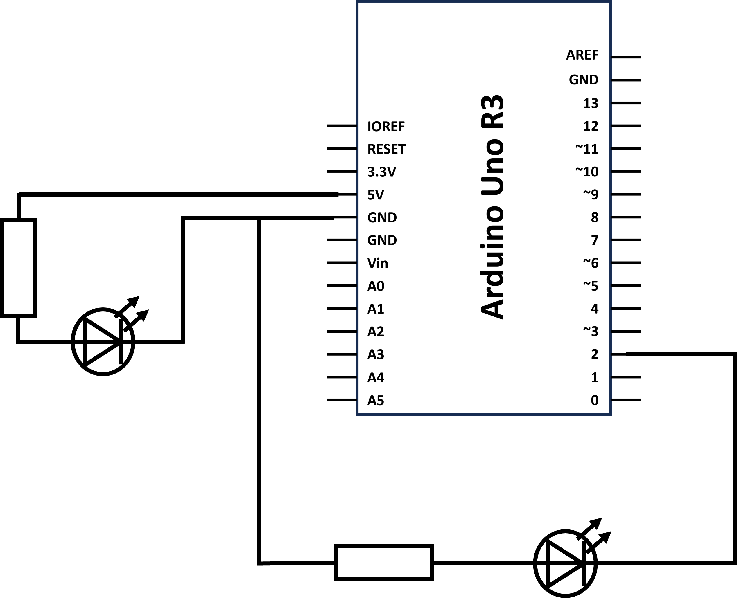 The same diagram as for the previous stage with an additional circuit containing a resistor and an LED connected between the GND and Pin 2 on the Arduino.