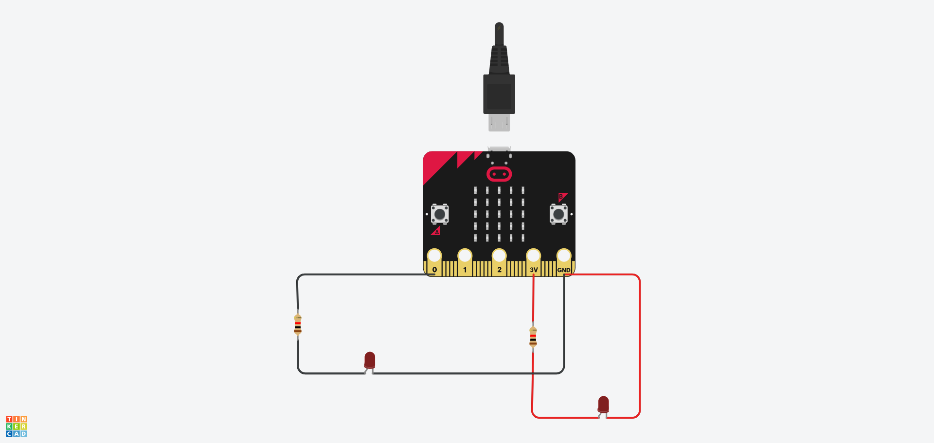A Tinkercad circuit made using a Micro:Bit with two loops. Both loops contain a 1kΩ resistor and a LED. One loop connects to pin 0 and the GND pin on the Micro:Bit, the other to the 3V and GND pin.