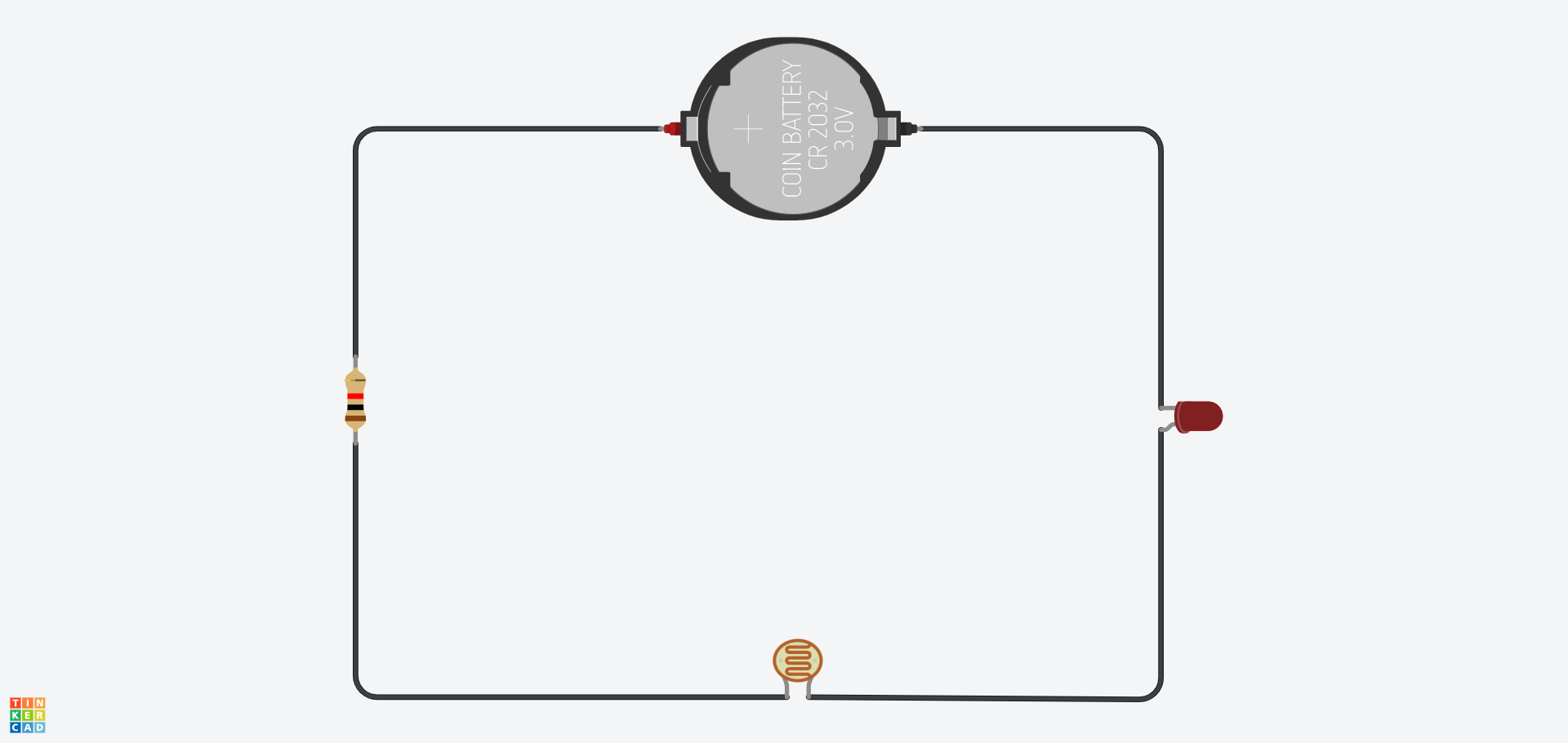 A Tinkercad circuit containing a 3V battery, a resistor (1kΩ), a LED, and an LDR