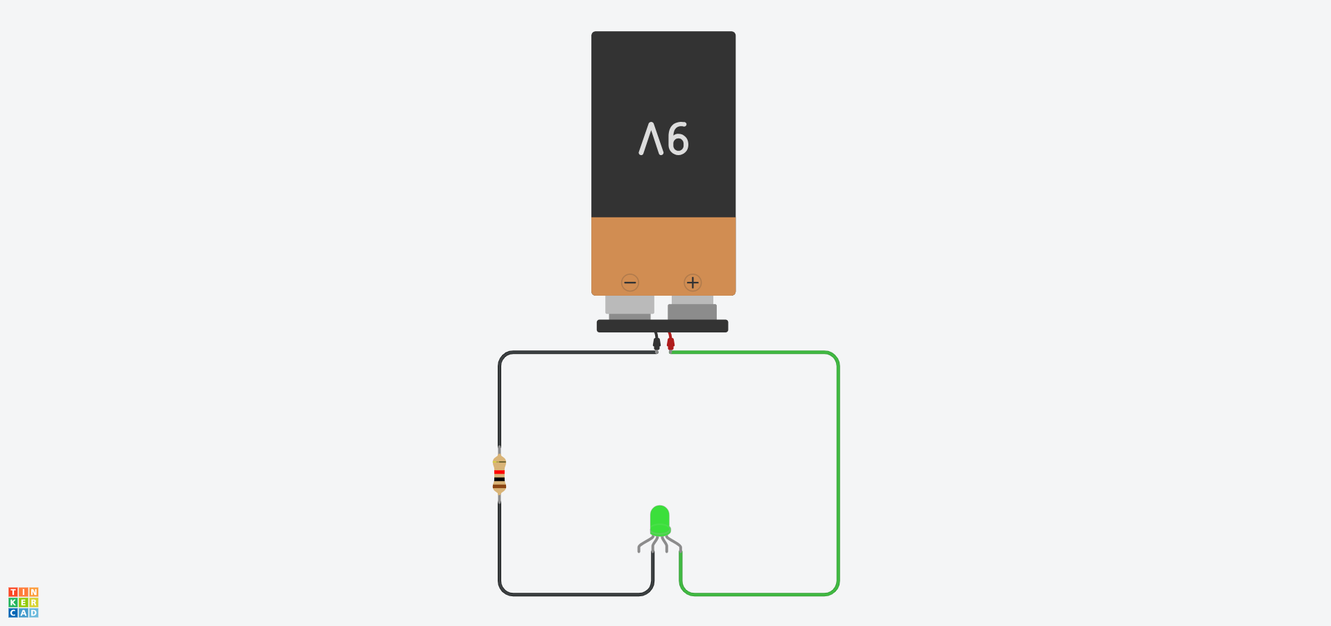 A Tinkercad circuit showing a series circuit with a 9V battery, a 1kΩ resistor and a RGB LED wired to the cathode and the green terminal.